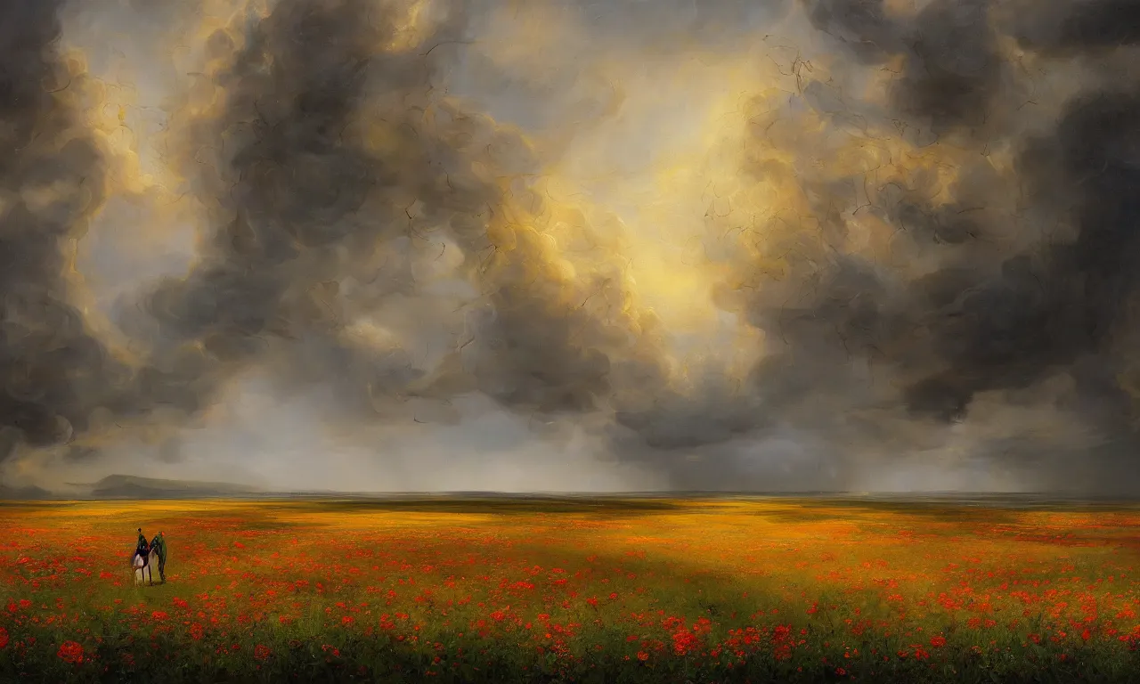 Prompt: breathtaking oil painting with palette knife of a plains landscape in luxurious nature, with intricate art nouveau moody dark tumultuous clouds, at dawn with roses and golden petals flying, rembrandt style, concept art, matte, by krista schumacher and georgia hart,