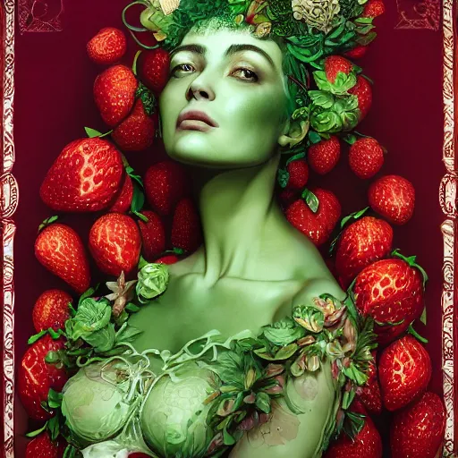 Image similar to the portrait of an absurdly beautiful, graceful, elegant, sophisticated, vogue woman made of strawberries and green petals looking up, an ultrafine hyperdetailed illustration by kim jung gi, irakli nadar, intricate linework, bright colors, octopath traveler, final fantasy, unreal engine 5 highly rendered, global illumination, radiant light, detailed and intricate environment