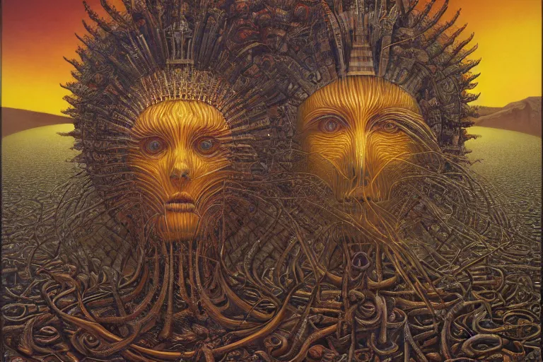 Image similar to THE QUEEN OF THE SUN by jacek yerka, alex gray, zdzisław beksiński, dariusz zawadzki, jeffrey smith and h.r. giger, oil on canvas, 8k highly professionally detailed, trending on artstation