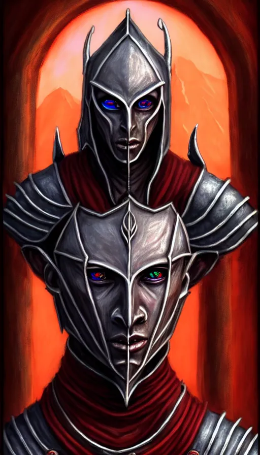 Image similar to hyperrealistic full body image of morrowind dunmer male nerevarine in front of balmora, red eyes, 3 / 4 portrait, symmetrical face, handsome face, full body dnd character portrait, medieval armor, morrowind armor, oblivion armor, skyrim armor, eso armor, intricate, highly detailed, elegant, 4 k, artstation, deviantart