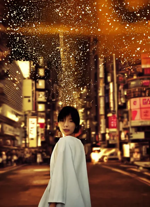 Prompt: symmetry!! a 2 8 mm photo from the back of a woman in tokyo, seen from a distance, long exposure, splash art, movie still, bokeh, canon 5 0 mm, cinematic lighting, dramatic, film, photography, golden hour, depth of field, award - winning, anamorphic lens flare, 8 k, hyper detailed, 3 5 mm film grain