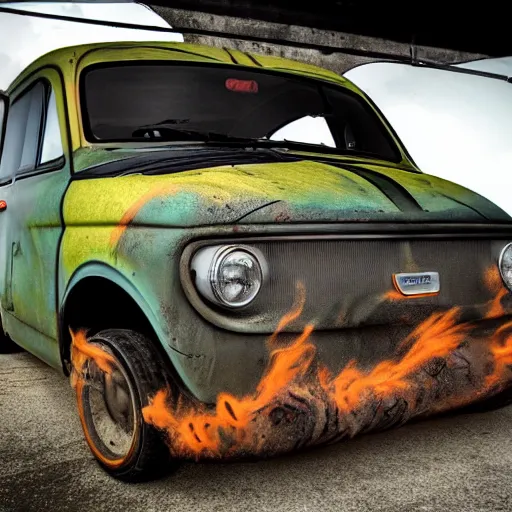 Image similar to nuclear themed ratrod car in the frame of a fiat panda. nuclear, mechanical ad, vehicle photoshoot, distant. hd ratrod, exposed engine, racer