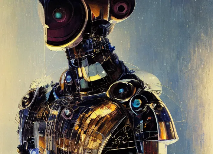 Image similar to a portrait of cyber - dog of sci fi metallic human, bright eyes, melancholic complex geometric figure liminal machinery by oskar schlemmer, moebius, john berkey, film grain, oil on canvas, portrait facial head, featured on artstation, hd wallpaper, 8 k by yoji shinkawa