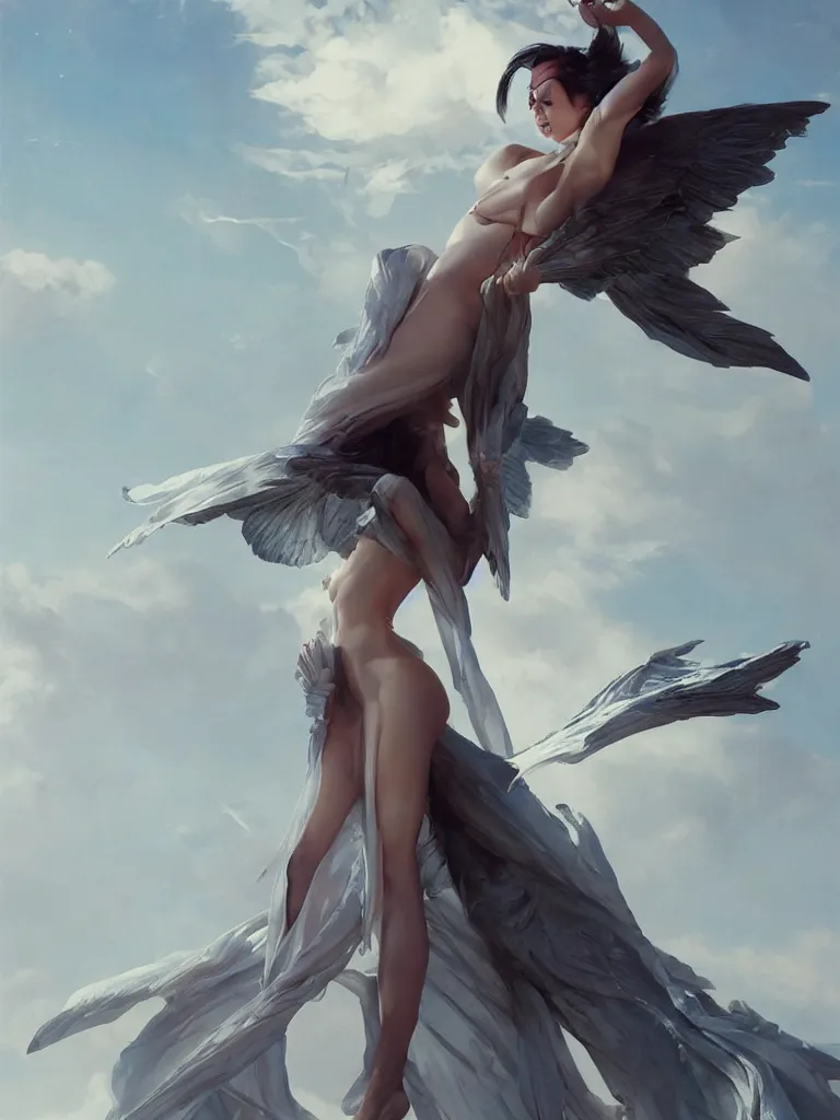 Prompt: asian model cj miles with cyberangel wings in a superherione pose, draped silk outfit flowing in the wind by greg rutkowski, by jeremy lipkinng, by artgerm, digital art, octane render, hyperrealistic, ray - tracing