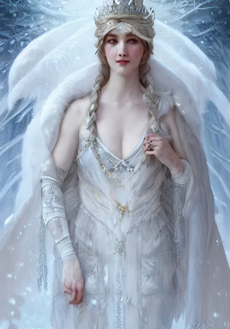 Prompt: snow queen in ice dress, intricate, elegant, highly detailed, digital painting, artstation, concept art, smooth, sharp focus, illustration, art by artgerm and greg rutkowski and alphonse mucha and william - adolphe bouguereau
