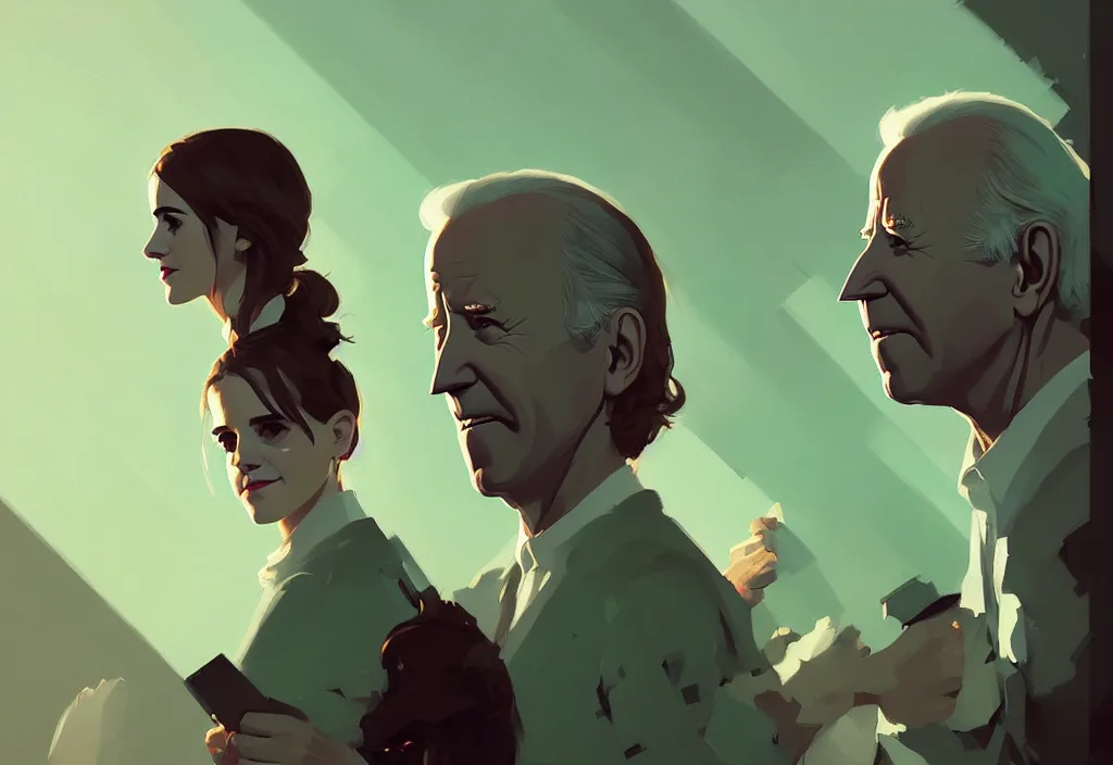 Image similar to portrait of joe biden and emma watson, fantasy, by atey ghailan, by greg rutkowski, by greg tocchini, by james gilleard, by joe gb fenton, dynamic lighting, gradient light green, brown, blonde cream, salad and white colors in scheme, grunge aesthetic