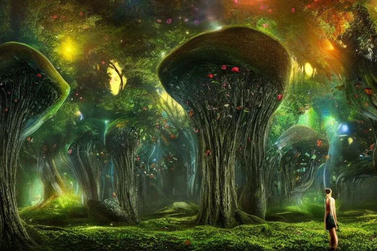 Prompt: a photo of the most beautiful gem in the world hovering in a mystical huge mushroom forest, dreamy