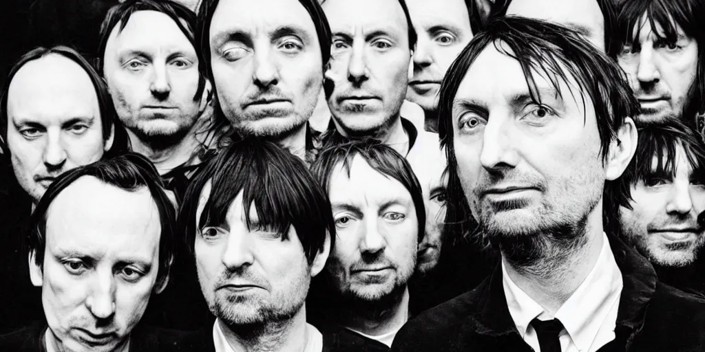 Image similar to Colin Greenwood, a black and white photo of a group Radiohead, an album cover by David Gilmour Blythe, pinterest, bauhaus, tesseract, composition, national geographic photo, flemish baroque