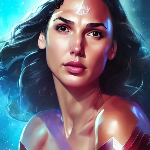 Image similar to a close up face of gal gadot as Kara Zor-El from Kryptonian planet by Stanley Artgerm Lau, WLOP, Rossdraws, James Jean, Andrei Riabovitchev, Marc Simonetti, Yoshitaka Amano, ArtStation, CGSociety, Full body shot