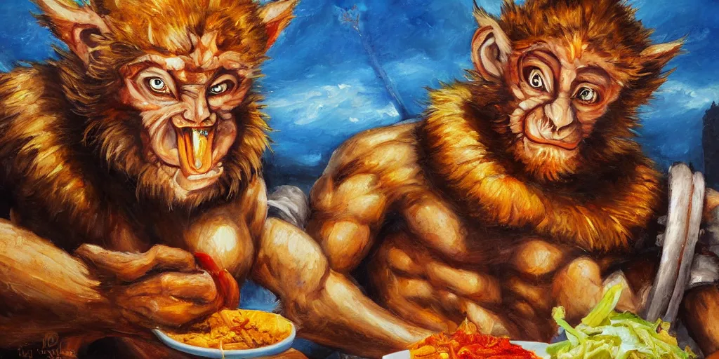 Image similar to Sun WuKong eating mexican food, oil painting