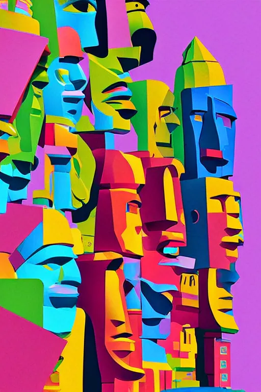 Image similar to cubist moai statue cutout digital illustration cartoon colorful beeple