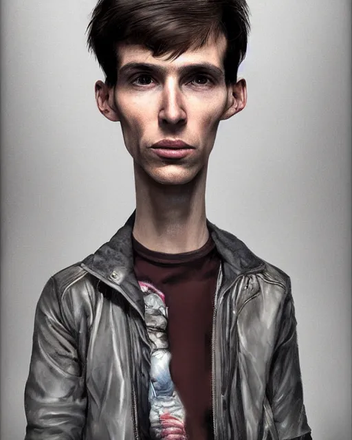 Prompt: Style = digital portrait by Jason Harkness, Carlos Samuel Araya, and Steve Prescott. hyperrealistic portrait lighting, high detail, high quality, realistically proportioned face and facial features, modern aesthetic.; Subject = Tom Cargill, a 24-year old bike courier. long-limbed, lanky build. wide, dark eyes. His aesthetic and vibe are peculiar, carefree, alert, and quick. Tom Cargill is a changeling, abducted by the Fae years ago and twisted to their designs as a prey animal in their sick games. Tom Cargill escaped, but still found his body irrevocably altered by their magic. Tom Cargill is part jackalope.