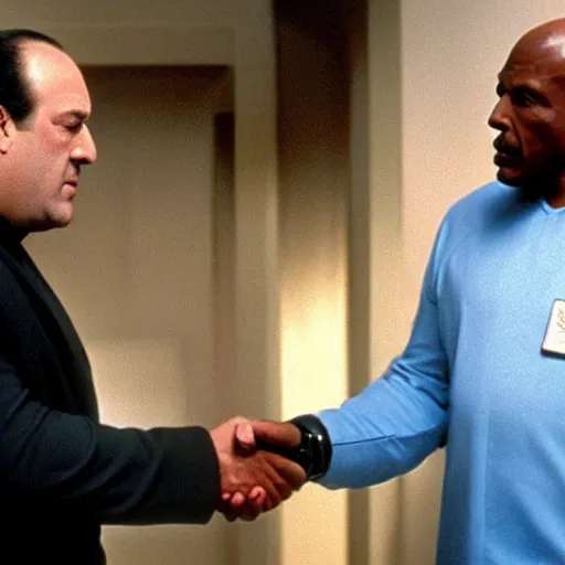 Prompt: tony soprano shaking hands with captain sisko from star trek deep space nine