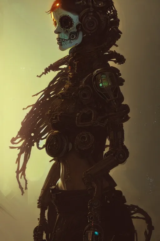 Image similar to ultra detailed female android ragamuffin, stray dog, scifi, fantasy, octane render, ( dia de los muertos ), asymmetrical, intricate concept art, art by godmachine and michael welan and dzo and greg rutkowski and alphonse mucha and loish and wlop