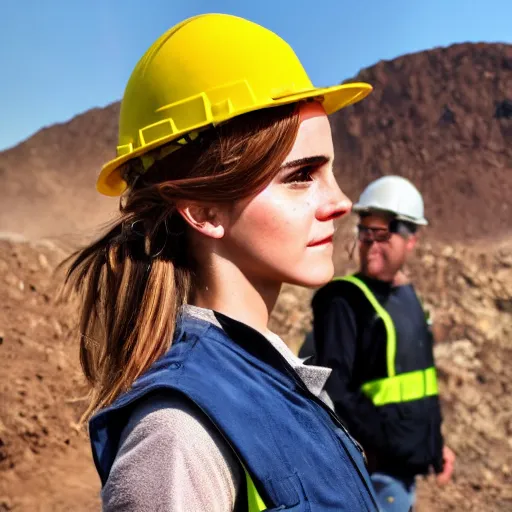 Image similar to photo, close up, emma watson in a hi vis vest, in dusty open pit mine, android cameraphone, lens flare, 2 6 mm,