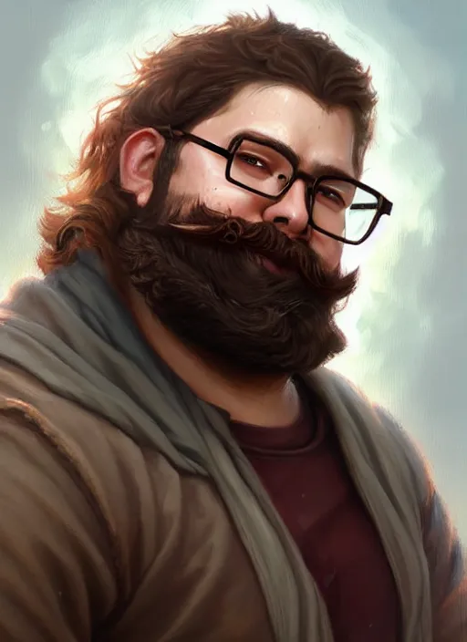 Prompt: a _ fantasy _ style _ portrait _ painting _ of male with wavy brown hair glasses chubby and beard, rpg dnd oil _ painting _ unreal _ 5 _ daz. _ rpg _ portrait _ extremely _ detailed _ artgerm _ greg _ rutkowski _ greg