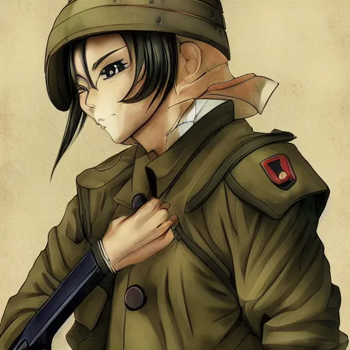 Prompt: manga style, smooth coloring, side portrait of a girl, trench and sandbags in background, realistic soldier clothing, realistic anatomy, miura kentaro