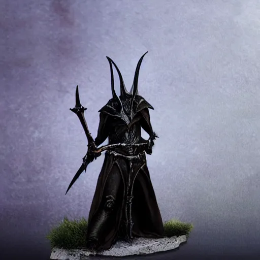 Image similar to Sauron skeletal mask holding sword intimidating standing in front of Minas Morgul fortress Minas Ithil ring wraith fantasy painting mid distance 40mm fullbody