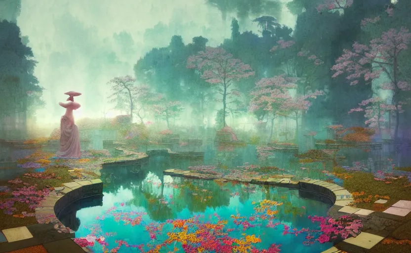 Image similar to tiled room with square pond, fantasy. intricate, amazing composition, colorful watercolor, by ruan jia, by maxfield parrish, by marc simonetti, by hikari shimoda, by robert hubert, by zhang kechun, illustration, gloomy