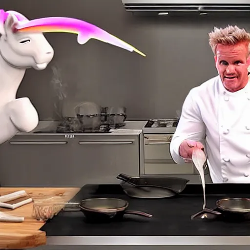 Image similar to hyper real Gordon Ramsey cooking a unicorn in kitchen 4k