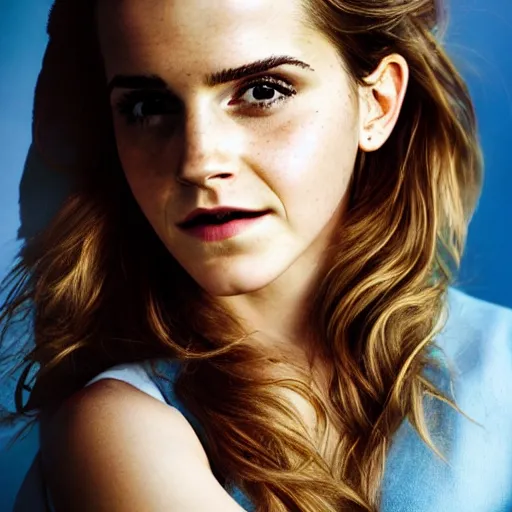 Prompt: emma watson, goddess venus, beautiful natural light, blue hour, by annie leibowitz