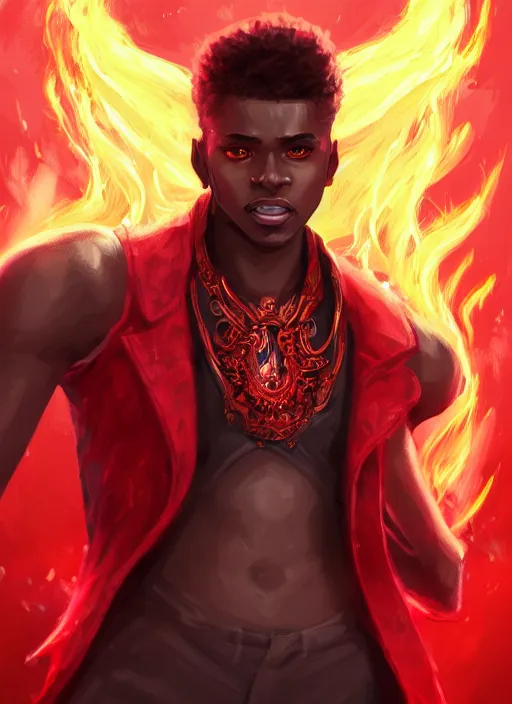 Prompt: a highly detailed illustration of attractive top cut haired african guy wearing red jacket, flaming glowing eyes, dramatic smile pose, intricate, elegant, highly detailed, centered, digital painting, artstation, concept art, smooth, sharp focus, league of legends concept art, wlop