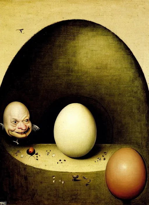 Image similar to portrait of an egg with humpty dumpty silly facial expressions, realistic, by hieronymus bosch, pieter brueghel, greg rutkowski