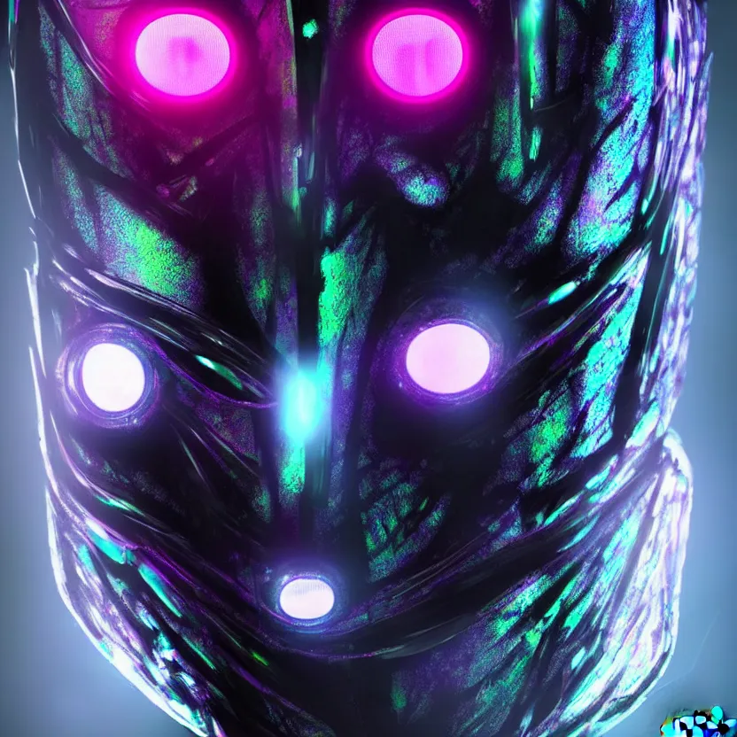 Image similar to highly detailed digital art of a futuristic iridescent geisha mask with glowing eyes. black background. gritty textures beautiful lighting. trending on artstation, behance. cyberpunk translucent design.