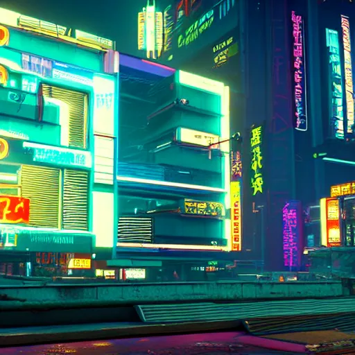 Prompt: A cyberpunk building from Cyberpunk 2077 at night, it functions as an apartment building, Neon japanese signs