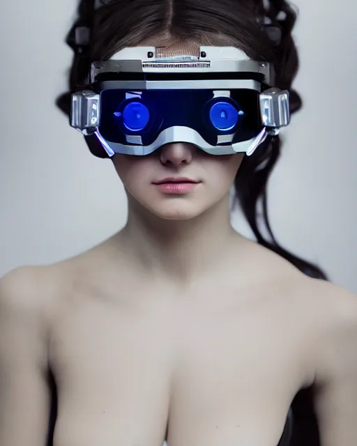 Image similar to 3 / 4 portrait photo by bouguereau of female dancer as a cyberpunk mecha humanoid robotic parts wearing goggles with led lights, inside white room, ultra - realistic and detailed, 8 k