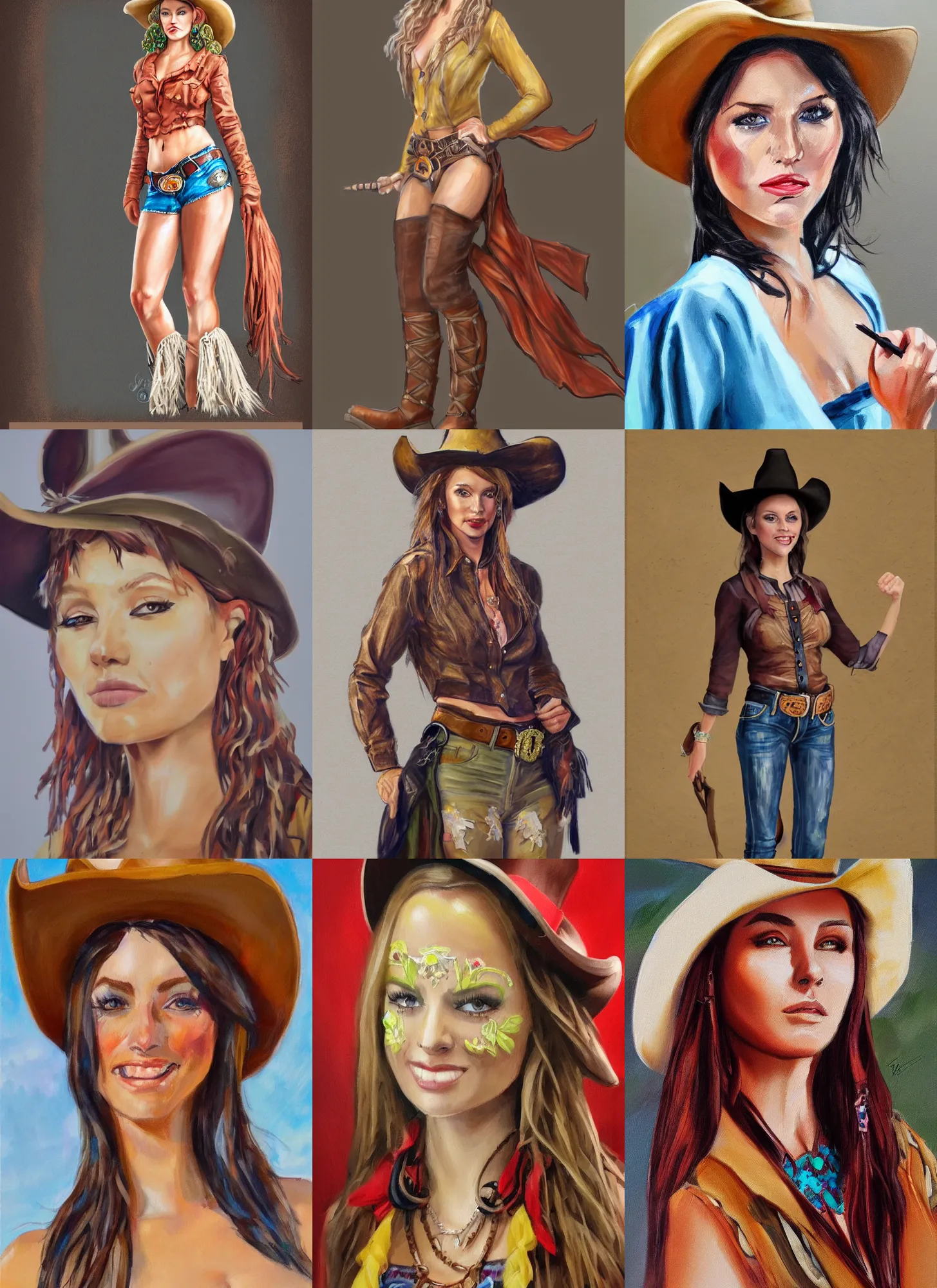 Prompt: full body concept art, oil paint illustration of a cowgirl with very beautiful face wearing detailed clothing