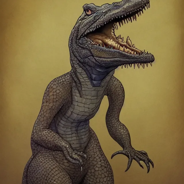 Image similar to a oil / watercolor painting full body character portrait of a illogical, odd, seasoned female anthropomorphic alligator on the wrong side of the law. in the style of moebius in the style of leonard boyarsky trending on artstation deviantart pinterest hyper detailed photorealistic highlights and shadow hd 8 k post - processing high resolution