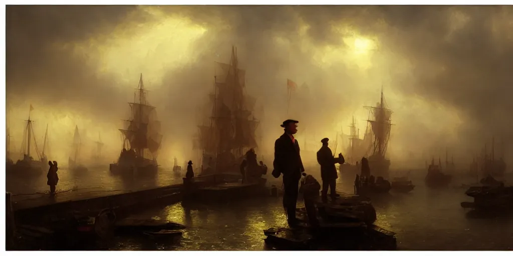 Image similar to a seaport in 1 9 4 0 with red light on, sunny day, a men stand up next to the edge, mystical orange fog, oil on canvas, art by andreas achenbach, clemens ascher, tom bagshaw and sabbas apterus,