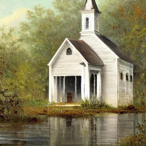 Image similar to 1 9 e century southern gothic scene, old white wooden church in bayou swamps, in louisiana, old painting style claude gellee