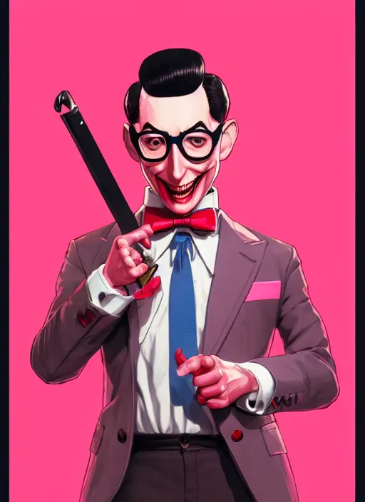 Image similar to pee wee herman, wide angle view, red and pink color scheme, highly detailed, artgerm, cushart krenz, king of fighters style, trending on artstation, soft light, sharp focus, illustration, character design, concept art