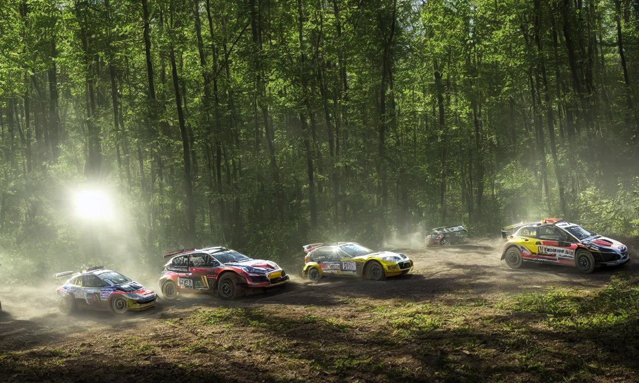 Prompt: 3 rally cars racing through a forest with a river behind them, sun shining through the trees, motion blur high detail ultra realistic 8k,