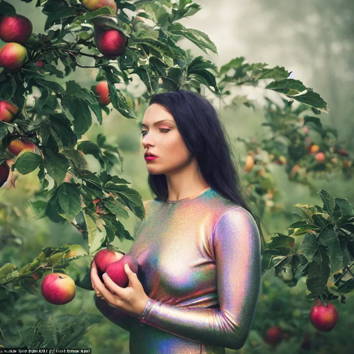 Prompt: a closeup portrait of a woman wearing an iridescent holographic bodysuit, picking apples from a tree, foggy, moody, photograph, by vincent desiderio, canon eos c 3 0 0, ƒ 1. 8, 3 5 mm, 8 k, medium - format print