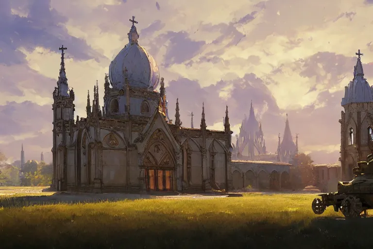 Image similar to concept art of a huge ornate church with lots of smaller chapels combined on top of a tank aka churchtank in an open field, key visual, ambient lighting, highly detailed, digital painting, artstation, concept art, sharp focus, by makoto shinkai and akihiko yoshida and greg manchess