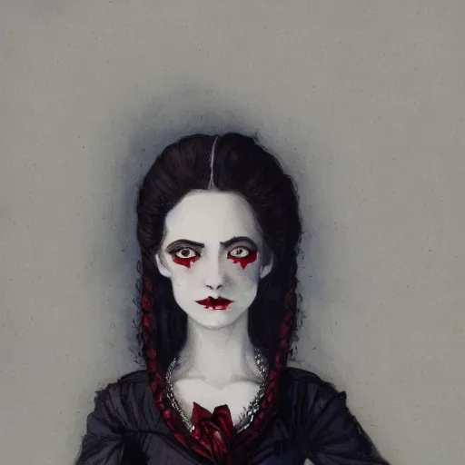 Prompt: head and shoulder professional portrait of a victorian female vampire, painted in the style of bloodborne, interesting color use, vampire fashion, highly detailed, melancholy, vampire teeth