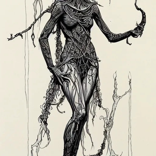 Prompt: full body of an elven witch,intricate, veins, by Hugo pratt, ultradetailed