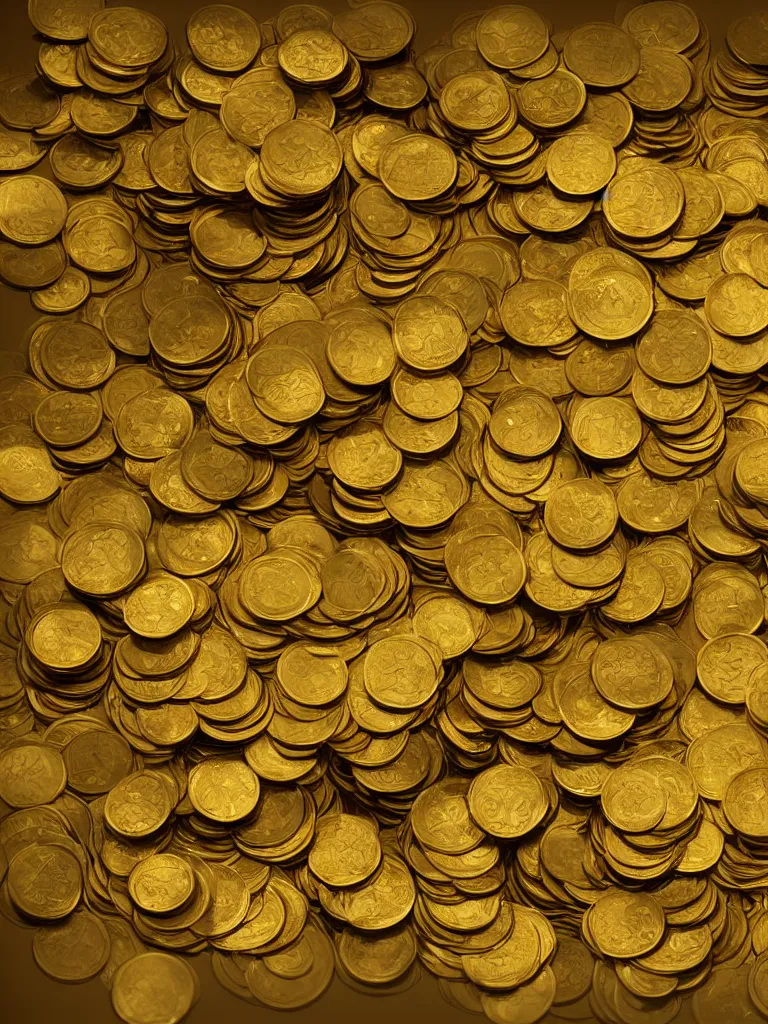 Prompt: piles of golden coins by disney concept artists, blunt borders, rule of thirds, glowing, shiny, sketch