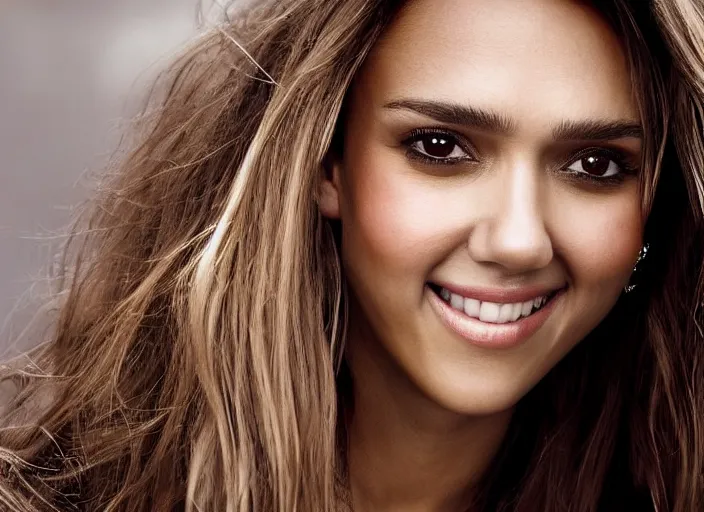 Image similar to a closeup, 4 5 mm, detailed photograph of a woman looking lovingly at camera with a seductive smile, half jessica alba half nathalie portman half scarlett johansson, beautiful low light, 4 5 mm, by franz lanting