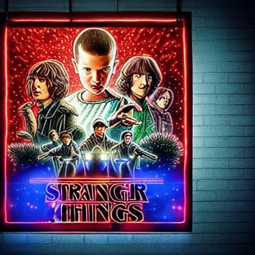 Image similar to stranger things poster hanging on a dark neon light brick wall
