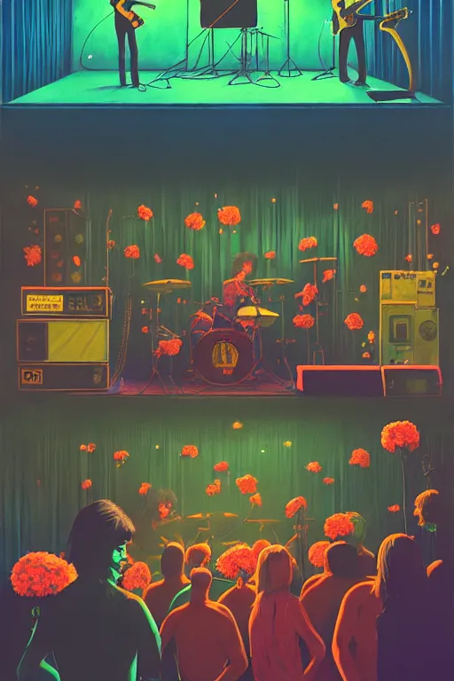 Image similar to the velvet underground and nico playing live on stage at a night club, beautiful stage decoration with flowers in the background, painting by simon stalenhag and wes anderson, very detailed and colorful and toned down and ornamental and moody and cool and relaxed and high on drugs, trending on artstation, behance contest winner