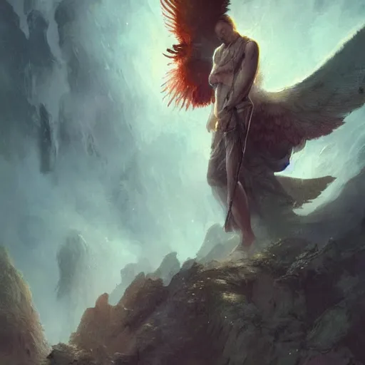 Image similar to angel protecting man falling from a cliff, detailed intricate ink illustration, happy atmosphere, detailed illustration, hd, 4k, digital art, overdetailed art, by greg rutkowski, by loish, complementing colors, Trending on artstation, movie poster style