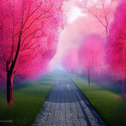 Image similar to road through a cherry tree forest, pellets falling down with the wind, pinkshift render, advanced digital painting, 4k