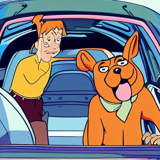 Image similar to scooby doo professionally driving inside a nissan pulsar through windy roads in the hills, drawn anime style