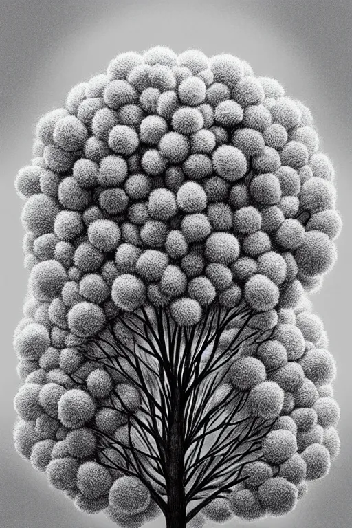 Image similar to a low angle perspective of a pompom tree, digital illustration by chris van allsburg and artgerm, surreal, photorealistic, award winning