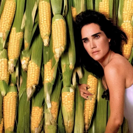 Image similar to jennifer connelly emerging from a giant piece of corn