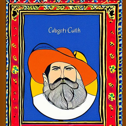 Image similar to bearded cowboy, persian folkore artstyle, calligraphy border